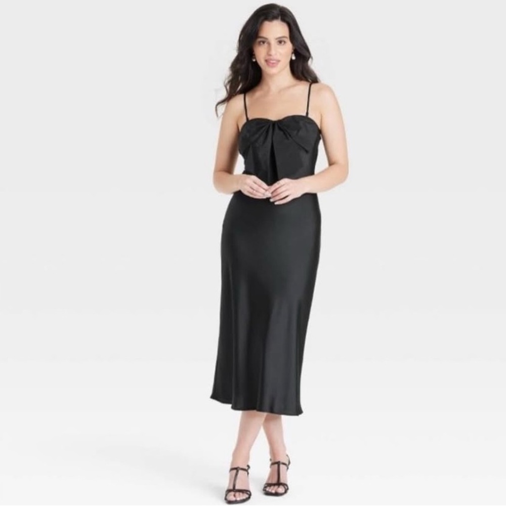 Black midi slip dress with bow